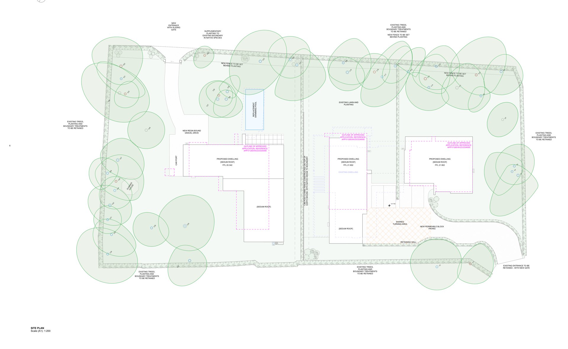Oratory Gardens, proposed site plan showing the three plots, as submitted for planning